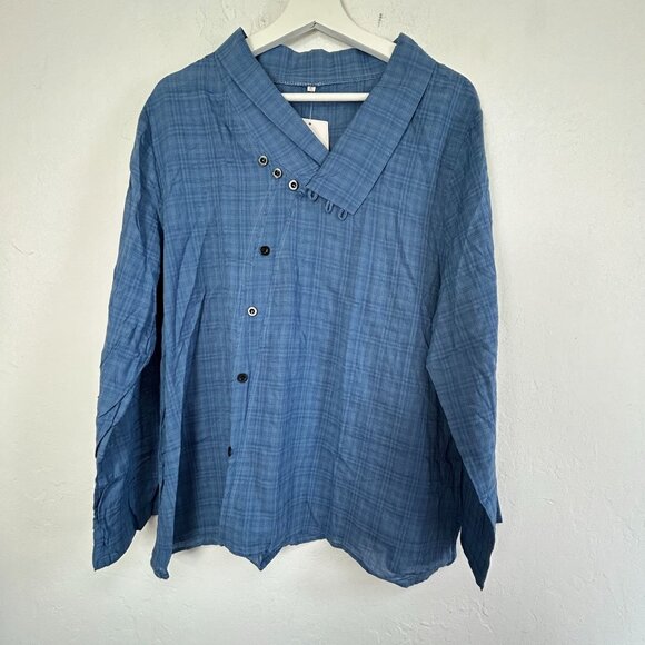 E-Retro Womens Blue Plaid Button-Up Blouse Top With Unique Collar Size XXL New - Picture 1 of 7